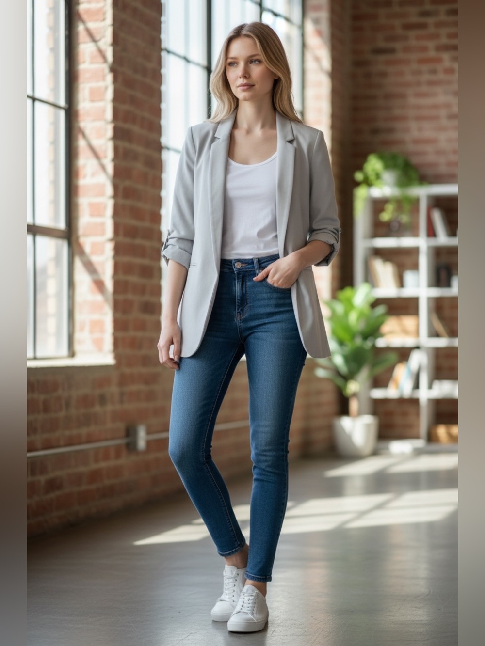 Zara Basic Collections Light Gray Roll-Sleeve Blazer